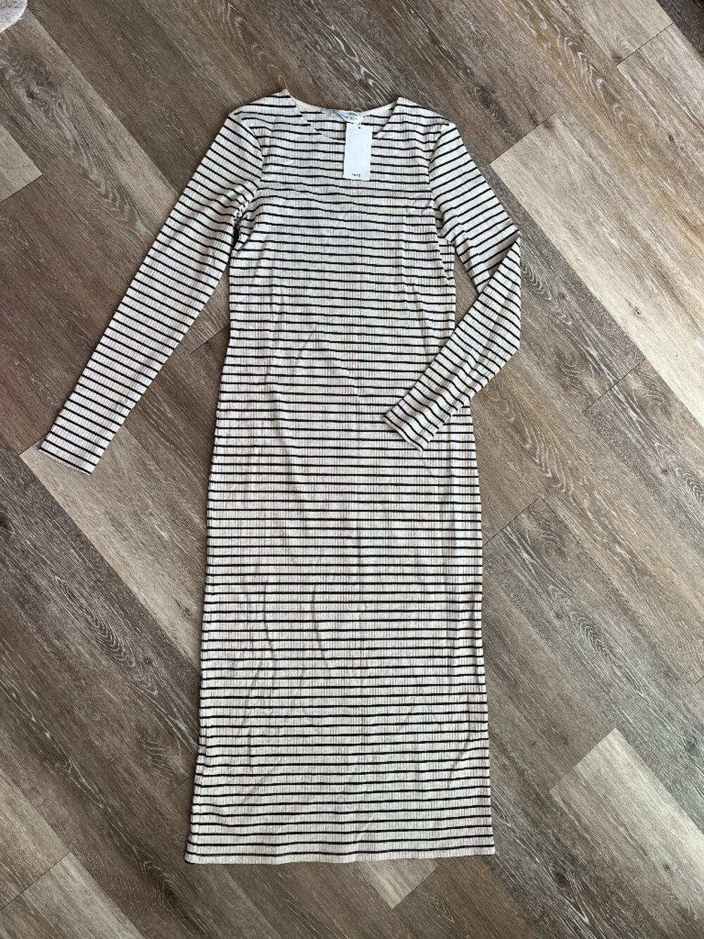NWT Long Sleeve Fitted Beige and Black Striped Midi Dress